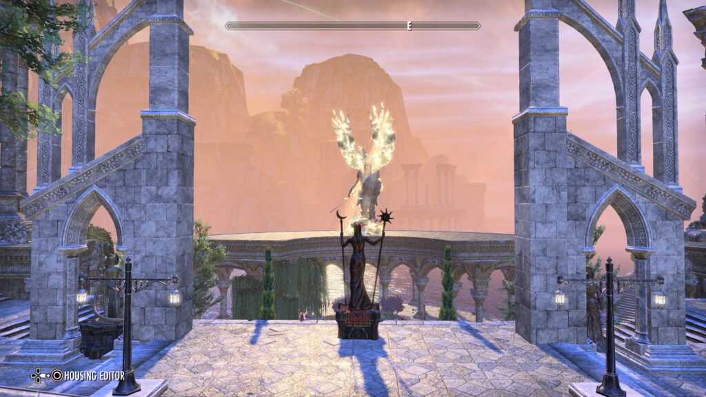 Grand Psijic Villa - Outside Entrance. Great winged statue with the wings on fire. Statue of Azura stands in front.