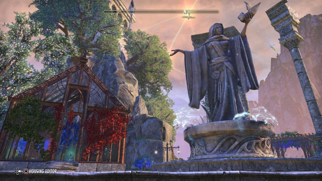 Photo of Grand Psijic Villa - Greenhouse in ESO. A fountain statue of a woman holding a boat stands in the foreground.