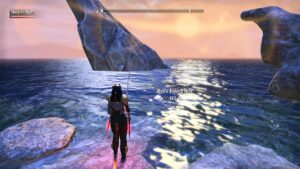 A caption from ESO of a black khajiiti fishing at Artaeum in the northeastern shore.